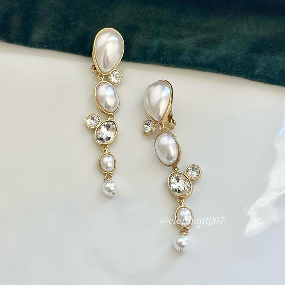 Oscar de la Renta Gold-Tone Pearl & Crystal Drop Earrings in White - Picture 2 of 4